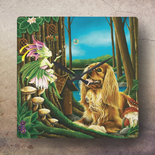 King Charles Spaniel & Sprite Quadratische Wanduhr (Von Creator hochgeladen)