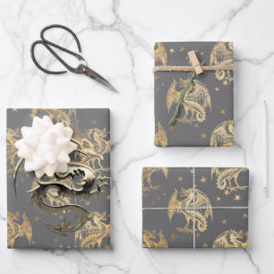 King Dragon and Gold Stars Wrapping Paper Sheets Geschenkpapier Set