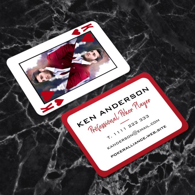 King of Hearts Red White Foto Poker Casino Visitenkarte (Mockup of front and back of card on a marble counterrop)