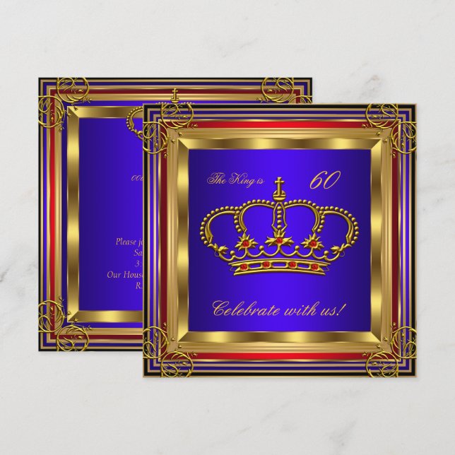 King or Prince Royal Blue Red Gold Birthday Party Einladung (Vorne/Hinten)