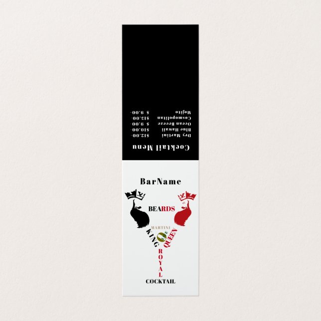 King&Queen Beards Royal Cocktail Menu Visitenkarten (Außenseite Aufgefaltet)