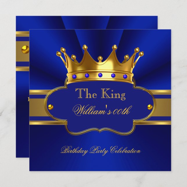 King Royal Blue Gold Birthday Party Mens Mans Einladung (Vorne/Hinten)