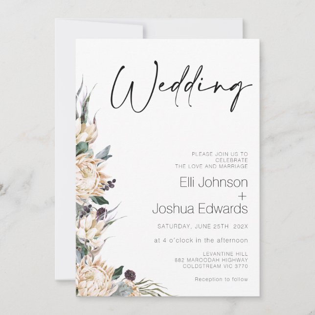 King White Protea Wedding Calligraphy Wedding Einladung (Vorderseite)