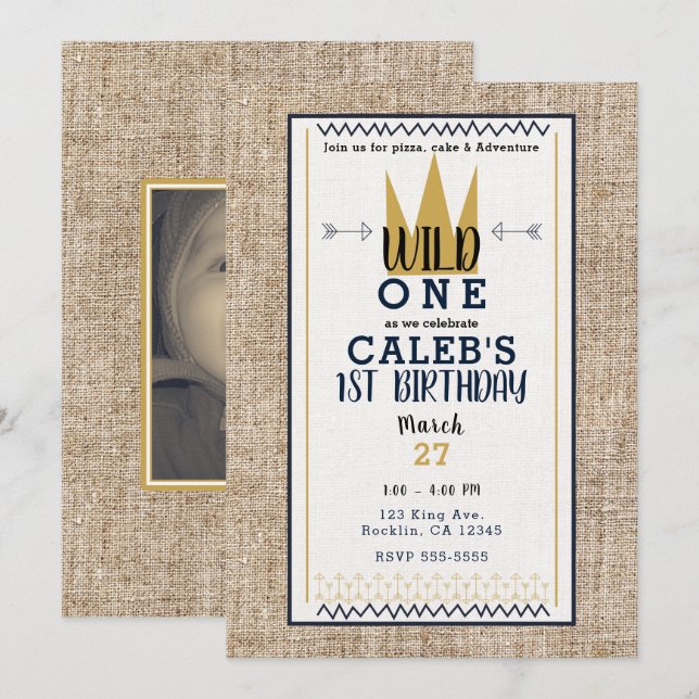 King Wild ONE Things Gold Crown 1. Party Foto Einladung (Vorne/Hinten)