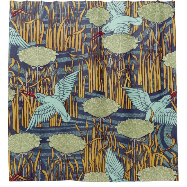 KINGFISCHER UND BLUMENDE RUSSISCHE Jugendstil-Flor Duschvorhang (Vorderseite)
