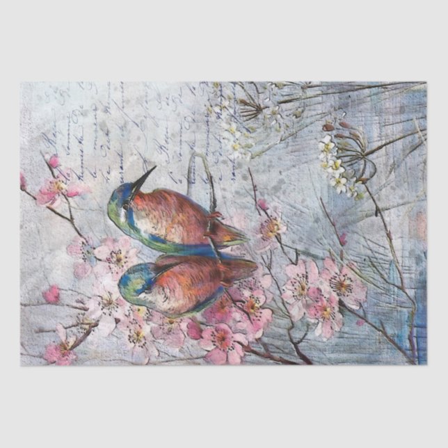 Kingfisher Bird Pink Blume Französisch Decoupage C Seidenpapier (Vorderseite)