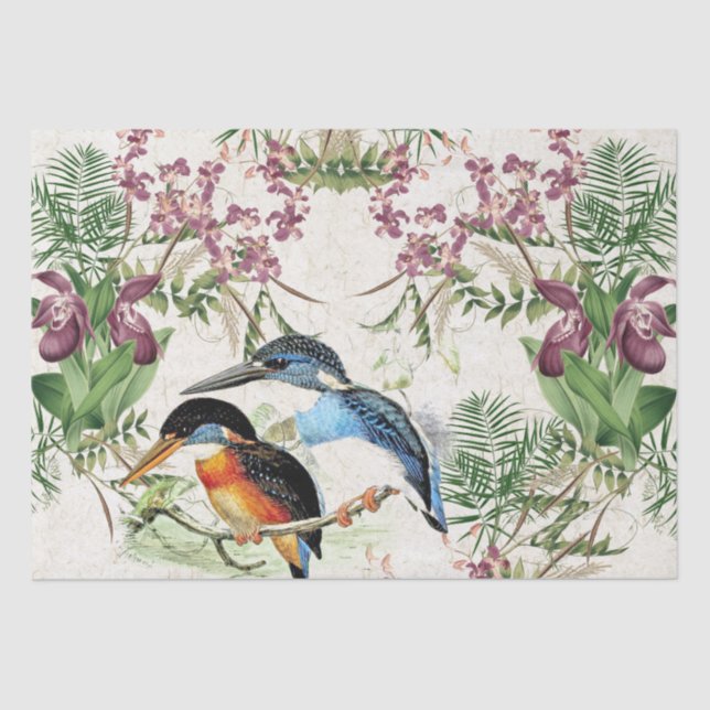 Kingfisher Birds Orchid Flower Palms Tissue Paper Seidenpapier (Vorderseite)