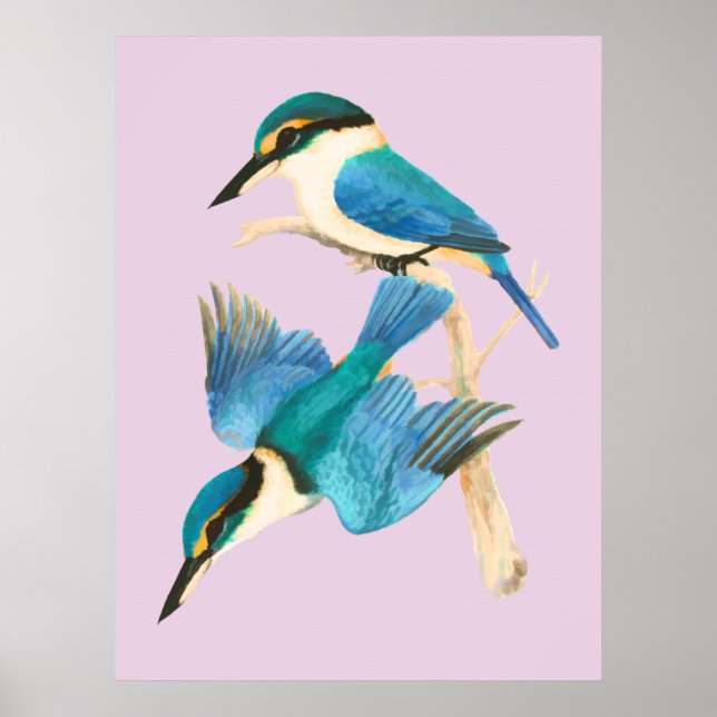 Kingfisher Birds Pink Watercolor Poster (Vorne)