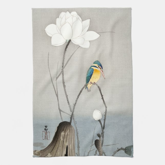 Kingfisher mit Lotus Blume - Ohara Koson -  Geschirrtuch (Vertikal)