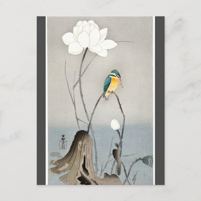 Kingfisher mit Lotus Blume Ohara Koson Holzkohle Postkarte (Vorderseite)