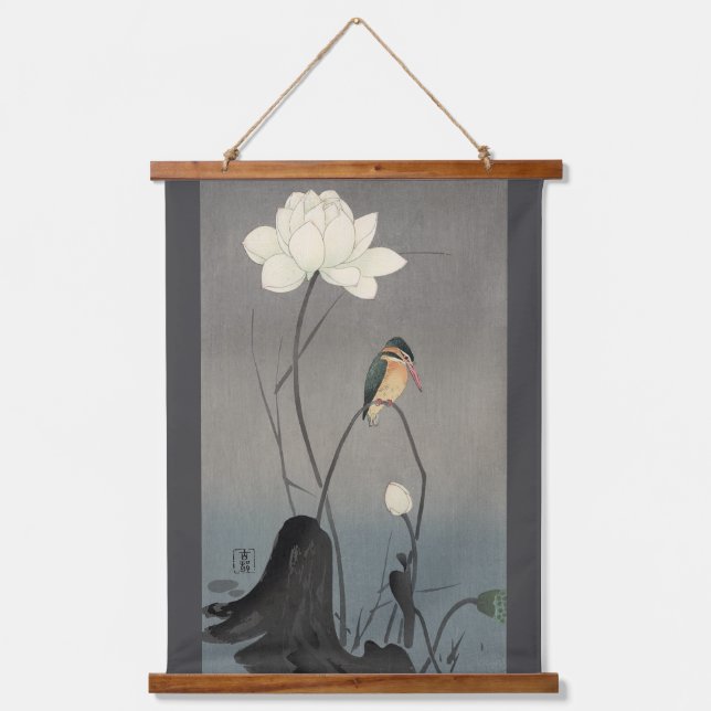 Kingfisher on Lotus, Koson, Ukiyo-e Wandteppich Mit Holzrahmen (Vorderseite)