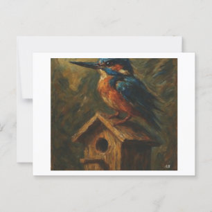 Kingfisher Perched on Old Birdhouse, Postkarte