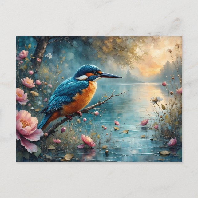 Kingfisher über Wasser-Rosa-Blume Postkarte (Vorderseite)