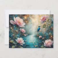 Kingfisher über Wasser und rosa Rosen