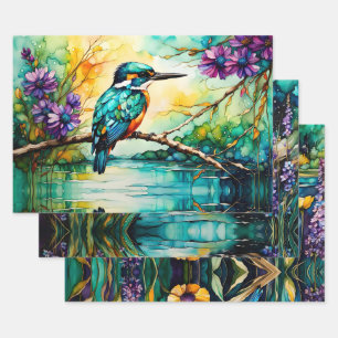 Kingfisher über Wasser und Wildblumen Geschenkpapier Set