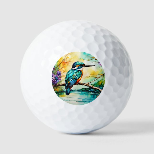 Kingfisher über Wasser und Wildblumen Golfball (Vorderseite)