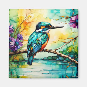 Kingfisher über Wasser und Wildblumen Magnet