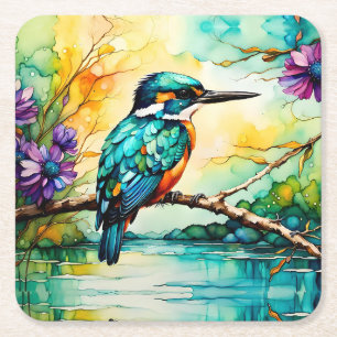 Kingfisher über Wasser und Wildblumen Rechteckiger Pappuntersetzer