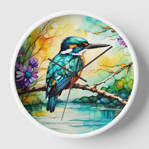 Kingfisher über Wasser und Wildblumen Uhr