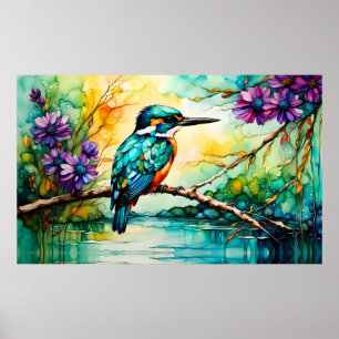 Kingfisher über Wildblumen Poster