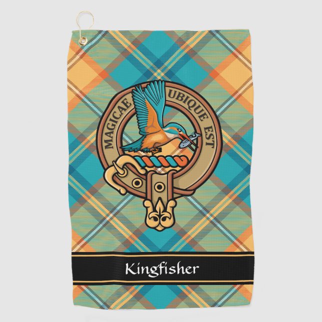 Kingfisher Wappen über Tartan Golftuch Golfhandtuch (Vorderseite)