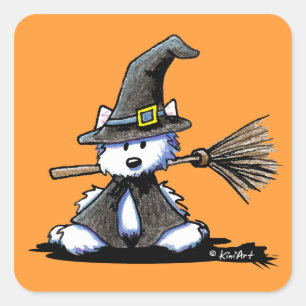 KiniArt Halloween Westie Witch Quadratischer Aufkleber