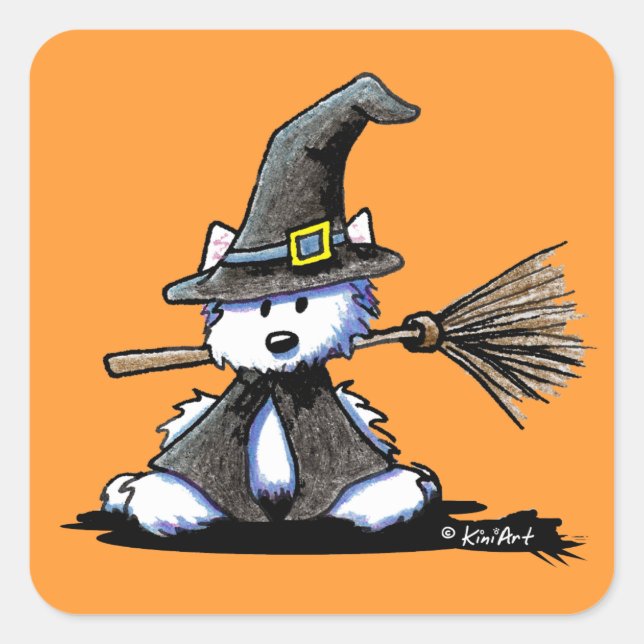 KiniArt Halloween Westie Witch Quadratischer Aufkleber (Vorderseite)