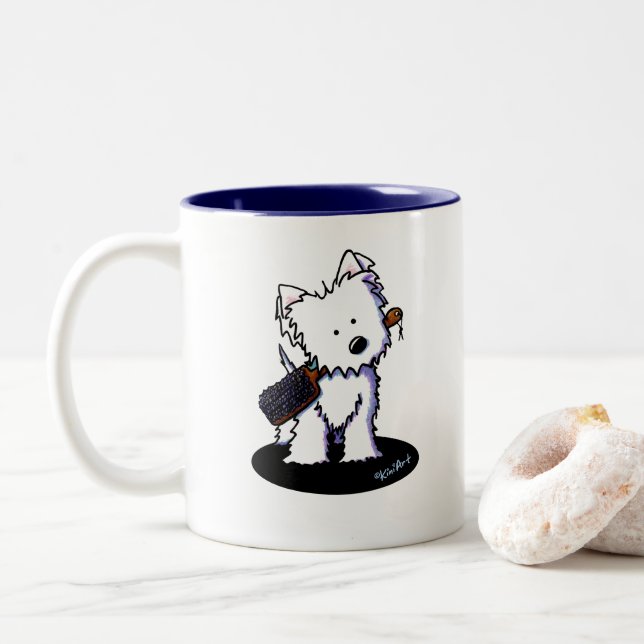KiniArt Westie Groomer Zweifarbige Tasse (Mit Donut)