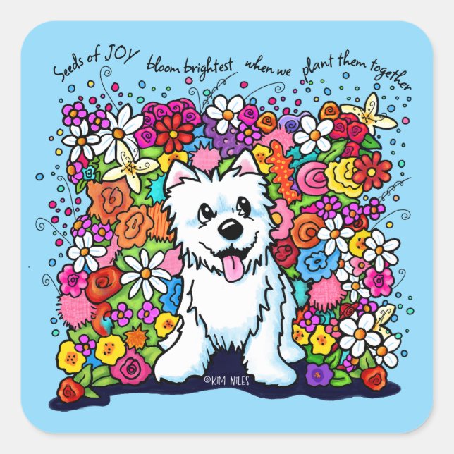 KiniArt Westie Joyful Garden Quadratischer Aufkleber (Vorderseite)