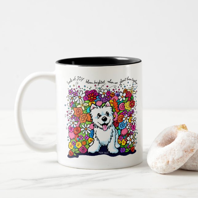 KiniArt Westie Joyful Garden Zweifarbige Tasse (Mit Donut)
