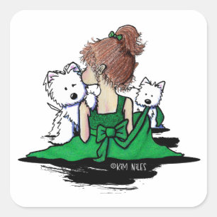 KiniArt Westie Kisses and Bows Quadratischer Aufkleber