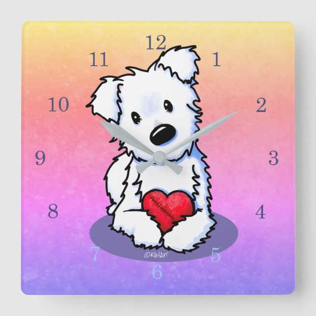 KiniArt Westie Mended Heart Quadratische Wanduhr (Vorderseite)