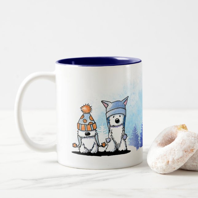 KiniArt Winter Westie Terriers Zweifarbige Tasse (Mit Donut)