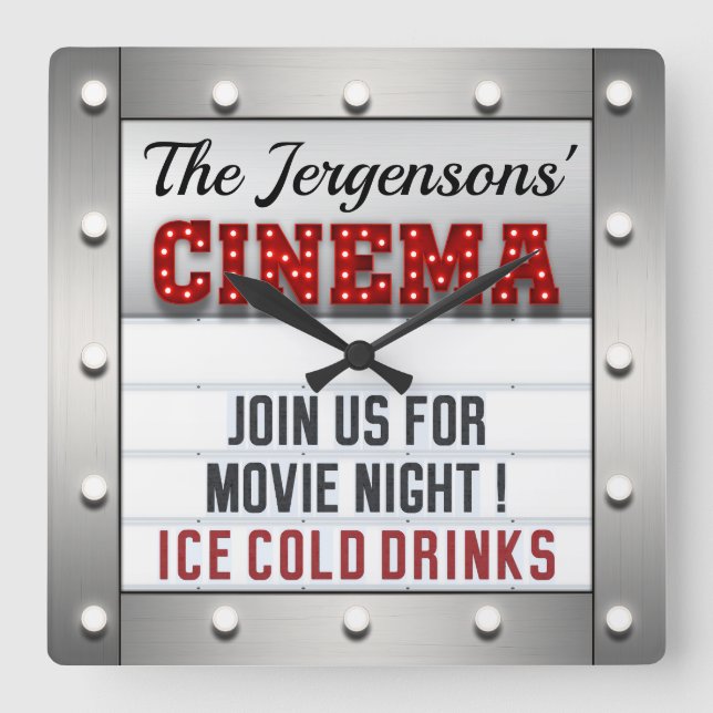 Kino Filmabend Theater Mauer Quadratische Wanduhr (Vorderseite)