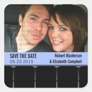 Kino-Foto Save the Date Sticker, Blau Quadratischer Aufkleber