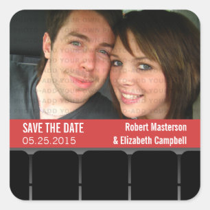 Kino-Foto Save the Date Sticker, Rot Quadratischer Aufkleber
