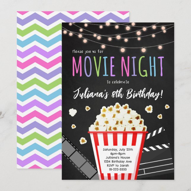 Kinoabend Kindergeburtstag Party Einladung (Vorne/Hinten)