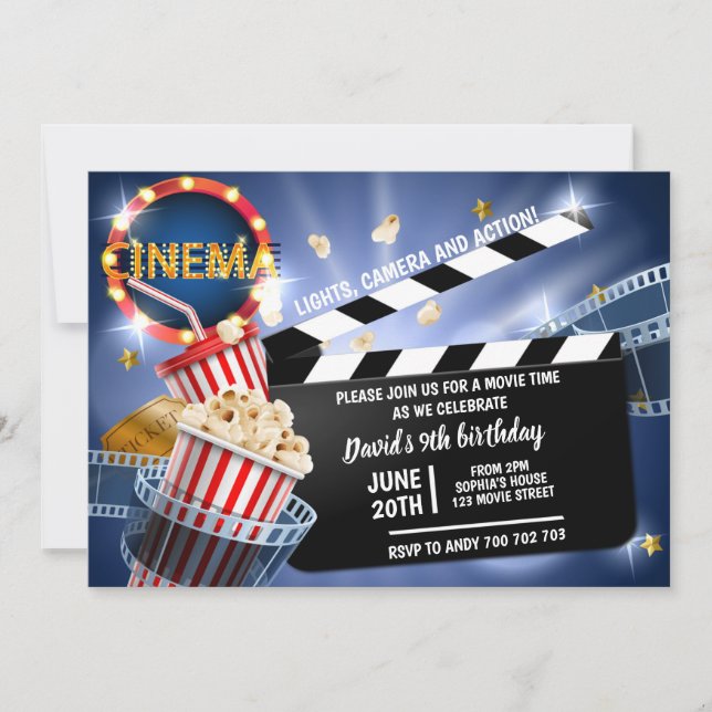 Kinofilm Time Boy Birthday Popcorn Einladung (Vorderseite)