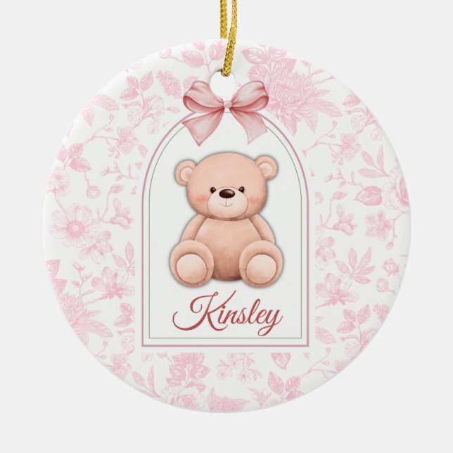 Kinsley | Benutzerdefiniertes rosa Teddy-Bär-Kinde Keramik Ornament (Vorne)