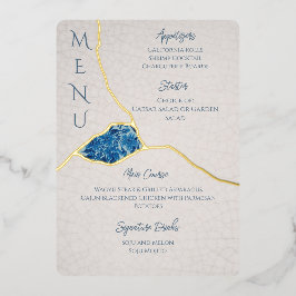 Kintsugi inspiriertes Menu mit blauen Kirschblüten Folieneinladung