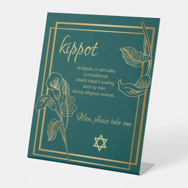 Kippah Yarmulke Table sign Gold Lilien auf Green Sockelschild (Vorderseite)
