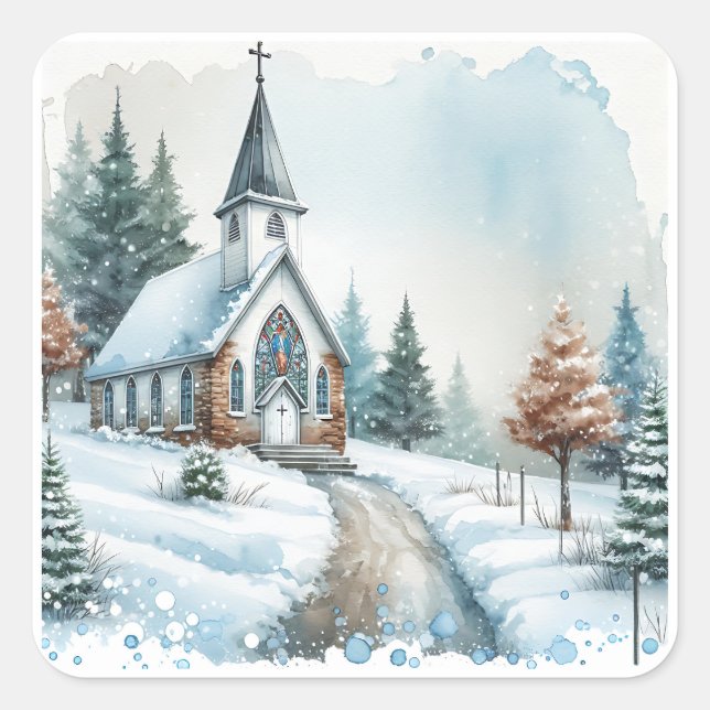 Kirche am Wintertag | Weihnachten Quadratischer Aufkleber (Vorderseite)