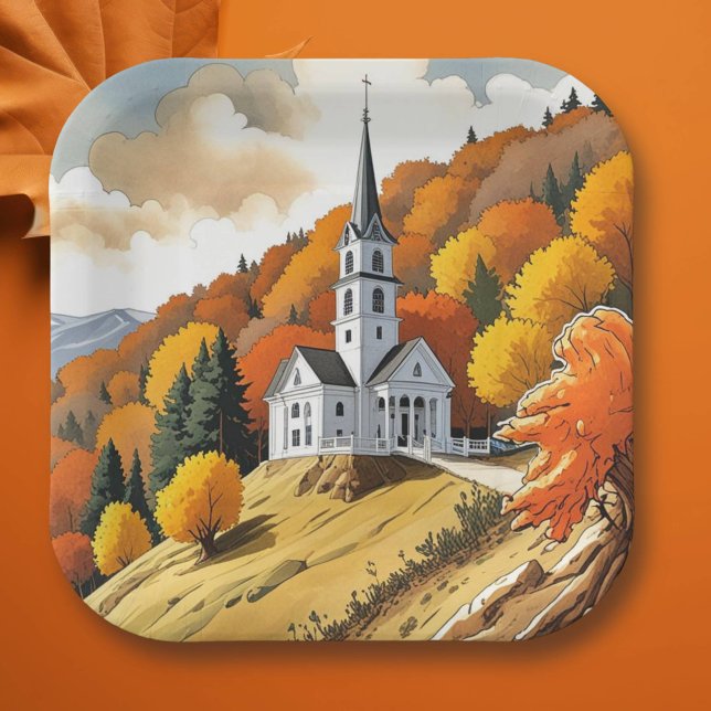 Kirche auf einem Hügel im Herbst Pappteller (Von Creator hochgeladen)