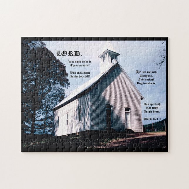 Kirche auf einem Hügel mit Psalm 15:1-2 Puzzle (Horizontal)