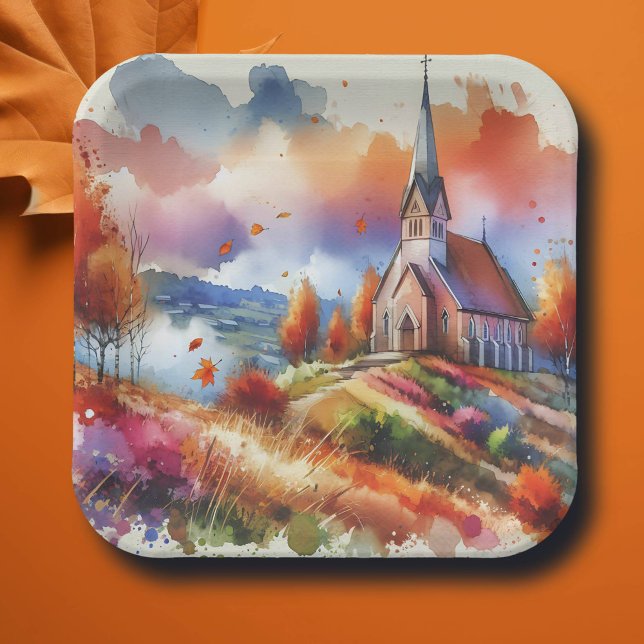 Kirche der Wasserfarben am Herbsttag Pappteller (Von Creator hochgeladen)