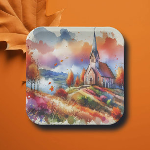 Kirche der Wasserfarben am Herbsttag Pappteller