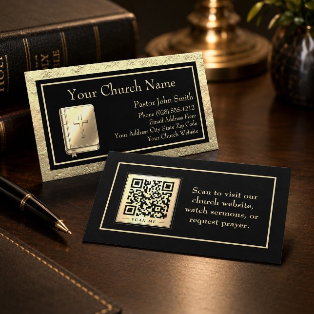 Kirche Gold und Schwarz QR-Code Bibel Visitenkarte (The metal details are simulated in the artwork. No actual metal will be used in this product.)