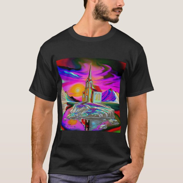 Kirche in psychedelischer Landschaft 1 T-Shirt (Vorderseite)