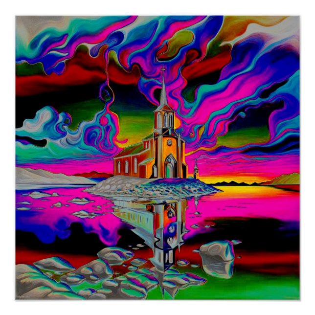 Kirche in psychedelischer Landschaft 2 Poster (Vorderseite)