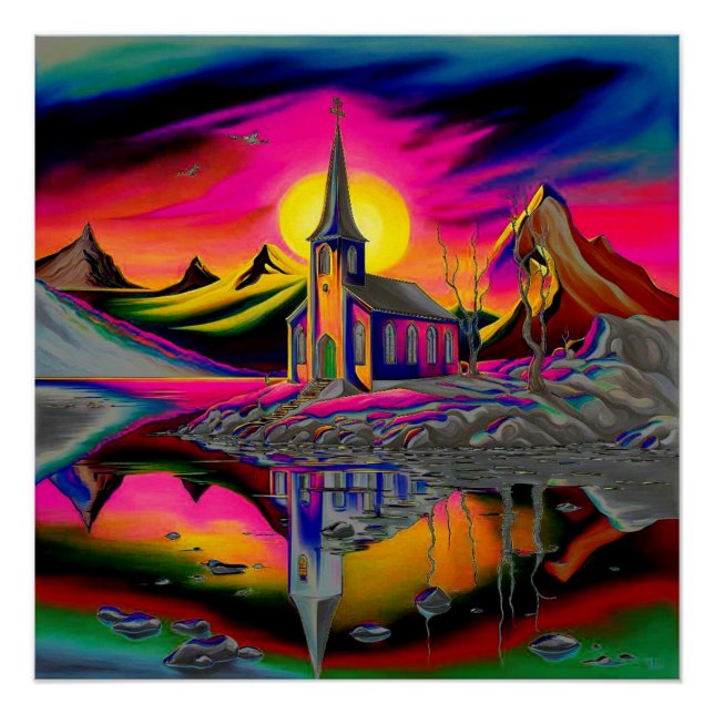Kirche in psychedelischer Landschaft 4 Poster (Vorderseite)
